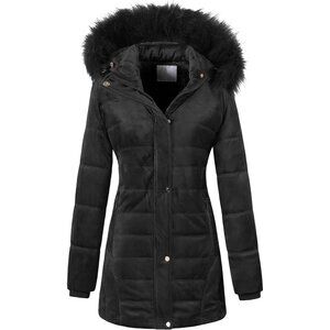 Women's Black Winter Velvet Puffer Jacket Quilted Coat Faux Fur Hood Fabric